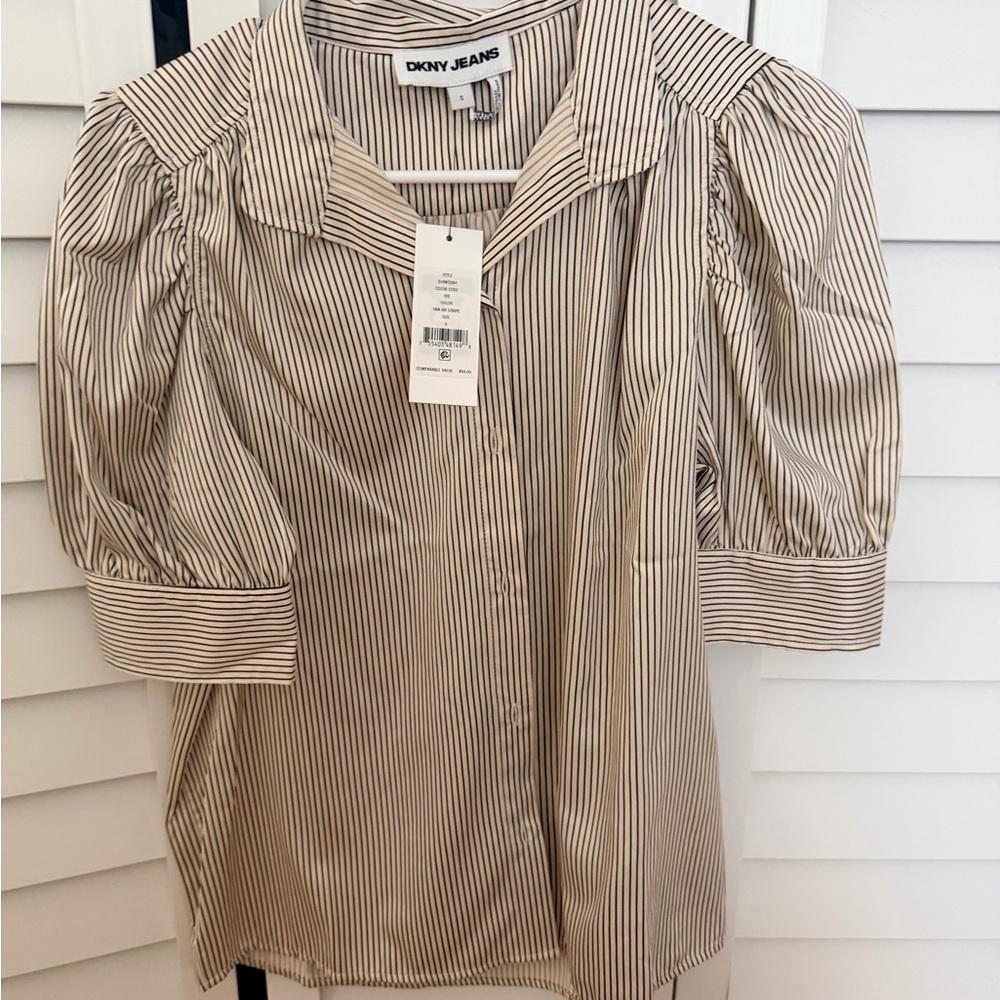 DKNY Cream and Black Striped Puff Sleeve Button-Down Shirt
